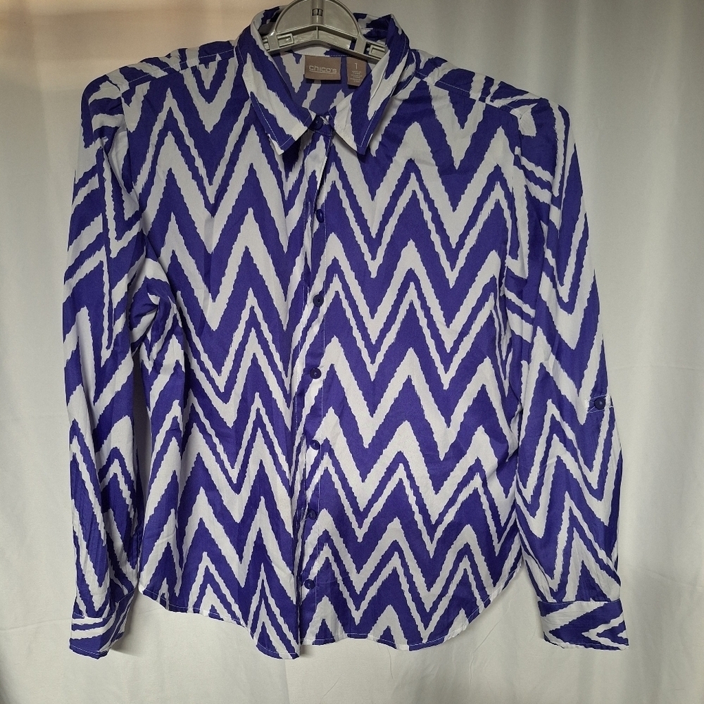 Chico's Purple and White Chevron Button Down Shirt